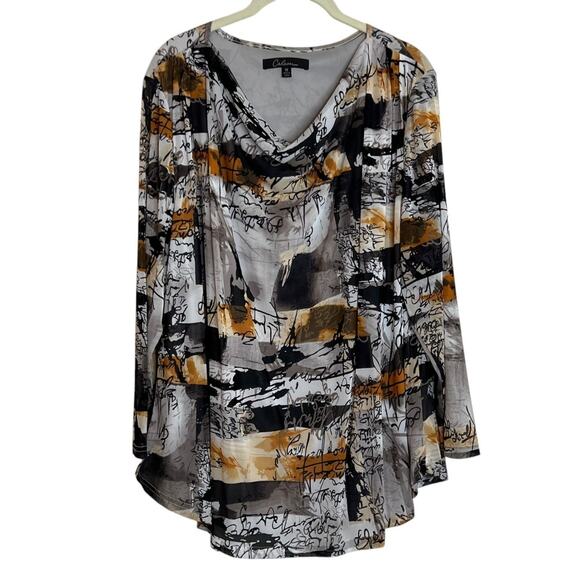 Calessa Womens Blouse 1X Gold Multi Print Mesh Overlay Cowl Neck 3/4 Sleeve - Picture 1 of 6